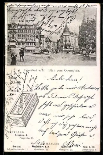 AK Frankfurt a. M., Blick vom Opernplatz, Reklame Importhaus Seelig & Co.