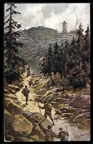 Künstler-AK Brocken, Brockenhotel und Aussichtsturm, Wanderer auf dem Weg