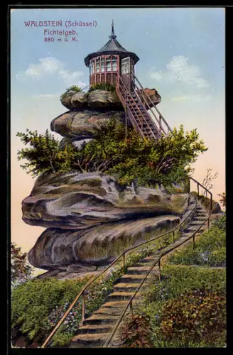 AK Waldstein /Fichtelgebirge, Schüssel, Aussichtspavillon auf Felsen