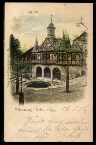 Lithographie Mühlhausen i. Thür., Popperode, Fachwerkgebäude mit Wasserbecken