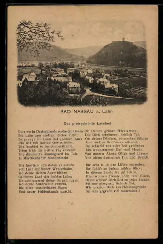 AK Bad Nassau a. Lahn, Gesamtansicht, Burg auf dem Berg, Lahnlied