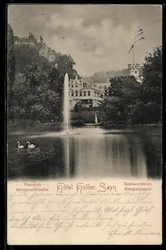 AK Sayn, Hotel Holler, Ansicht mit Springbrunnen