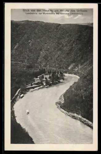 AK Gemünd, Urftsee, Landestelle der Motorboote, Waldhotel von der Hausley aus