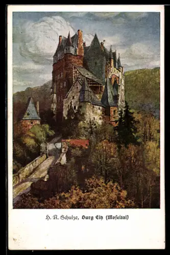 Künstler-AK Burg Eltz /Moseltal, Gesamtansicht der Burg