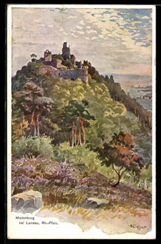 Künstler-AK Madenburg bei Landau, Madenburg mit Umgebung