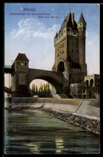 AK Worms, Brückenkopf der Strassenbrücke über den Rhein