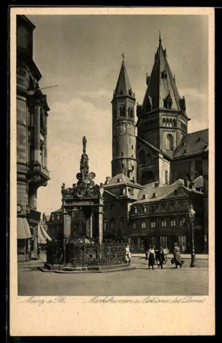 AK Mainz a. Rh., Marktbrunnen und Osttürme des Domes