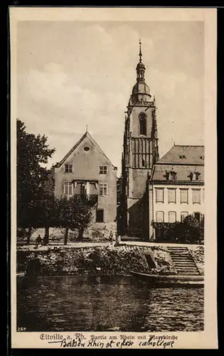 AK Eltville a. Rh., Partie am Rhein mit Pfarrkirche