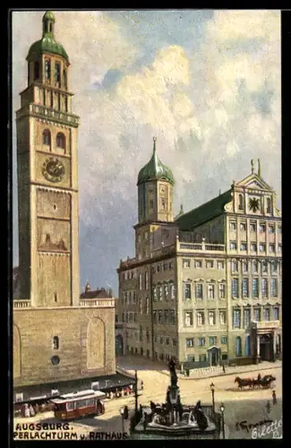 Künstler-AK Augsburg, Perlachturm, Rathaus, Brunnen