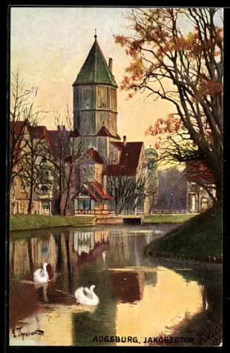 Künstler-AK Augsburg, Jakobertor, Wassergraben, Schwäne