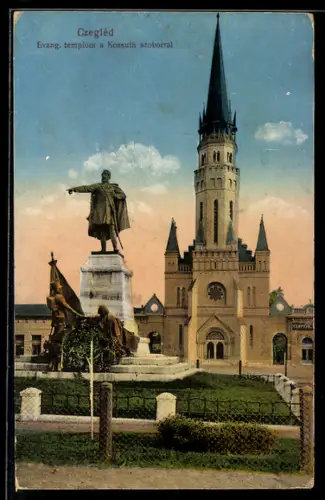 AK Czegléd, Evang. templom a Kossuth szoborral