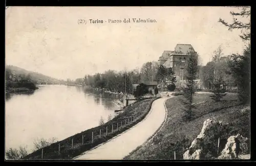 AK Torino, Parco del Valentino con vista sul fiume e viale alberato