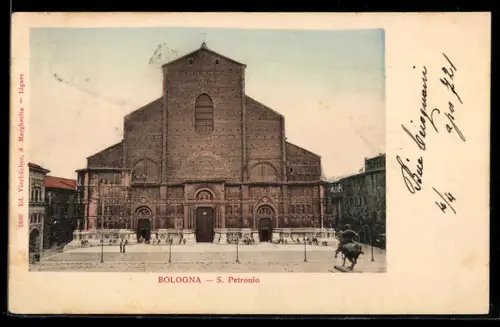 AK Bologna, Basilica di San Petronio con statua equestre in Piazza Maggiore