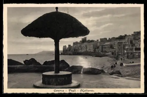AK Pegli /Genova, Notturno con ombrellone sulla spiaggia e vista del mare e della città