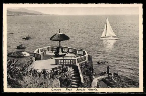 AK Pegli /Genova, Scoglio Vittoria con barca a vela sul mare