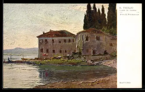 Künstler-AK Punta San Vigilio /Lago di Garda, Mattino con edifici storici e cipressi sul lago