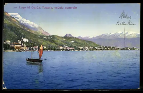 AK Fasano /Lago di Garda, Veduta generale con barca a vela sul lago