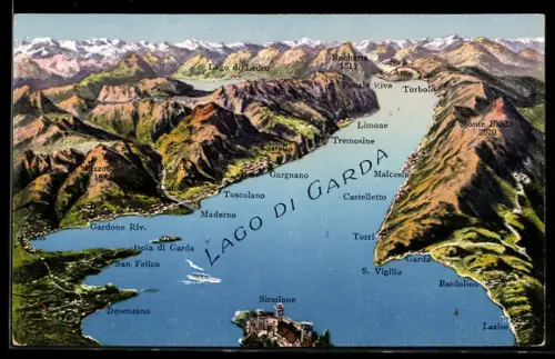 AK Sirmione /Lago di Garda, Vista panoramica con montagne e barca sul lago