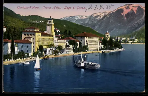 AK Gardone-Riviera /Lago di Garda, Grand Hôtel mit Dampfer und Segelbooten