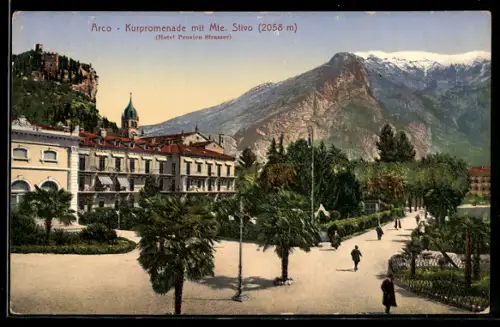 AK Arco, Hotel Pension Strasser, Kurpromenade mit Blick auf den Monte Stivo