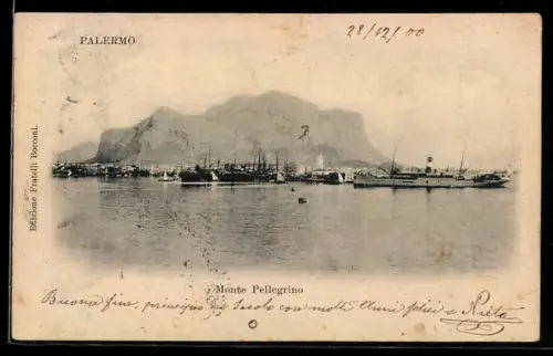 AK Palermo, Veduta del Monte Pellegrino con navi attraccate nel porto