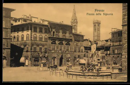 AK Firenze, Piazza della Signoria con fontana e edifici storici