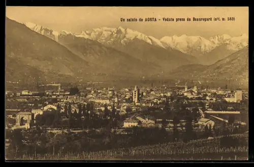 AK Aosta, Veduta presa da Beauregard con montagne sullo sfondo