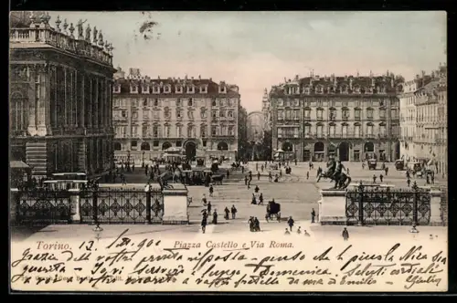 AK Torino, Piazza Castello e Via Roma, vista con statue e carrozze