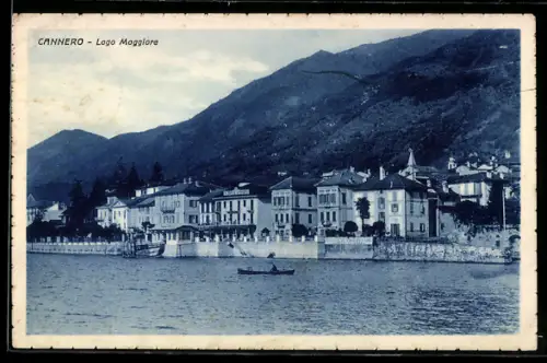 AK Cannero /Lago Maggiore, Vista del lungolago con barca e montagne sullo sfondo