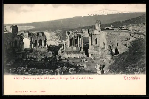 AK Taormina, Teatro Antico con vista del Castello, di Capo Schisó e dell` Etna
