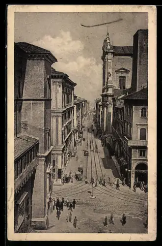 AK Bologna, Via Indipendenza con tram e vista sulla città storica