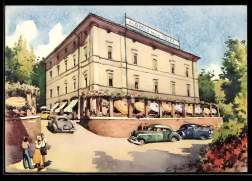 Künstler-AK Valsamoggia, Bazzano, Albergo della Rocca con auto d`epoca e visitatori