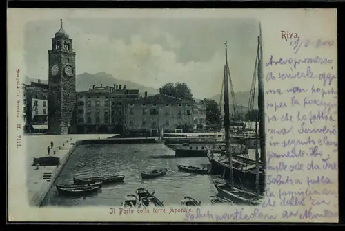 AK Riva, Il Porto colla torre Aponale, barche attraccate e vista sul lago