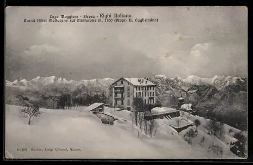 AK Stresa /Lago Maggiore, Grand Hôtel Mottarone sul Mottarone innevato con montagne sullo sfondo