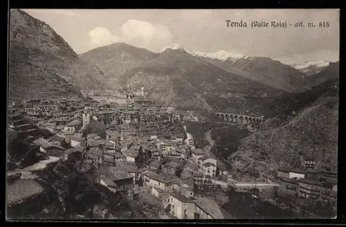 AK Tenda /Valle Roia, Vista panoramica del paese con viadotto sullo sfondo