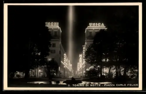 AK Torino, Piazza Carlo Felice di notte con edifici illuminati
