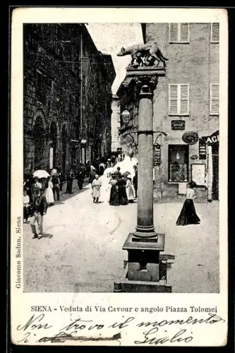 AK Siena, Veduta di Via Cavour e angolo Piazza Tolomei