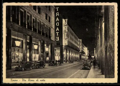 AK Torino, Via Roma di notte con insegne luminose