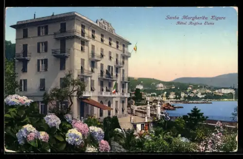AK Santa Margherita Ligure, Hotel Regina Elena con vista sul mare e fiori in primo piano