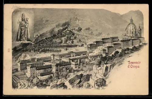 AK Oropa, Veduta panoramica del santuario con statua della Madonna a sinistra
