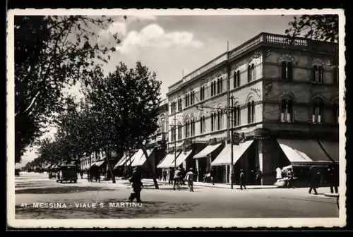AK Messina, Viale S. Martino con edifici storici e alberi lungo la strada