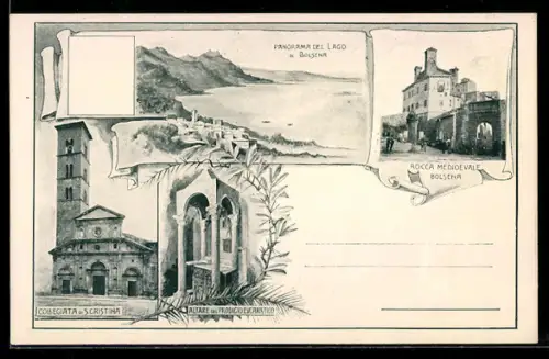 Künstler-AK Bolsena, Panorama del Lago, Rocca Medioevale, Collegiata di Scristina