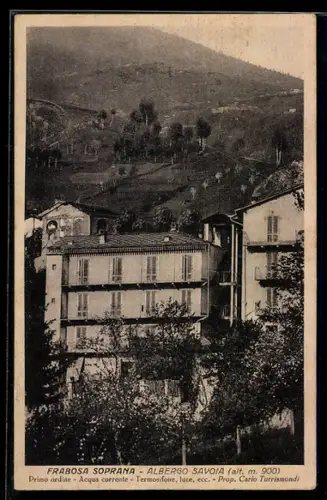 AK Frabosa Soprana, Albergo Savoia e paesaggio collinare