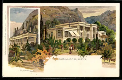 Künstler-AK sign. Hirschmann: Gries, Kurhaus, Spaziergänger im Kurpark