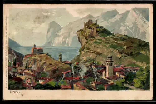 Künstler-AK Zeno Diemer: Nago-Torbole, Teilansicht mit Blick zum Gardasee