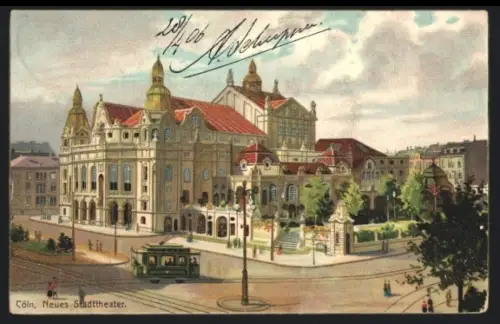 Lithographie Köln-Neustadt, Neues Stadttheater, Strassenbahn