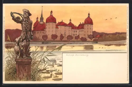 Lithographie Moritzburg, Schloss Moritzburg, Statue am Schlossteich