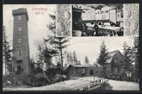 AK Rodewisch, Steinberg, Aussichtsturm mit Gasthaus, Gaststube