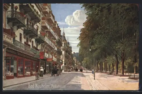 Künstler-AK Bad Nauheim, Parkstrasse mit Geschäften und Promenadenallee