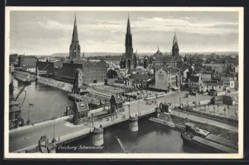 AK Duisburg, Schwanentor mit Stadtansicht aus der Vogelschau